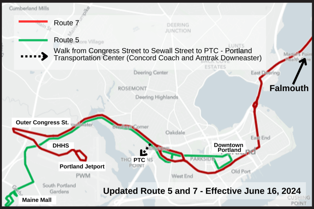 Map showing updated bus routes 5 and 7 in Portland, highlighting key locations such as the Maine Mall, Portland Jetport, and Downtown Portland. Effective June 16, 2024.