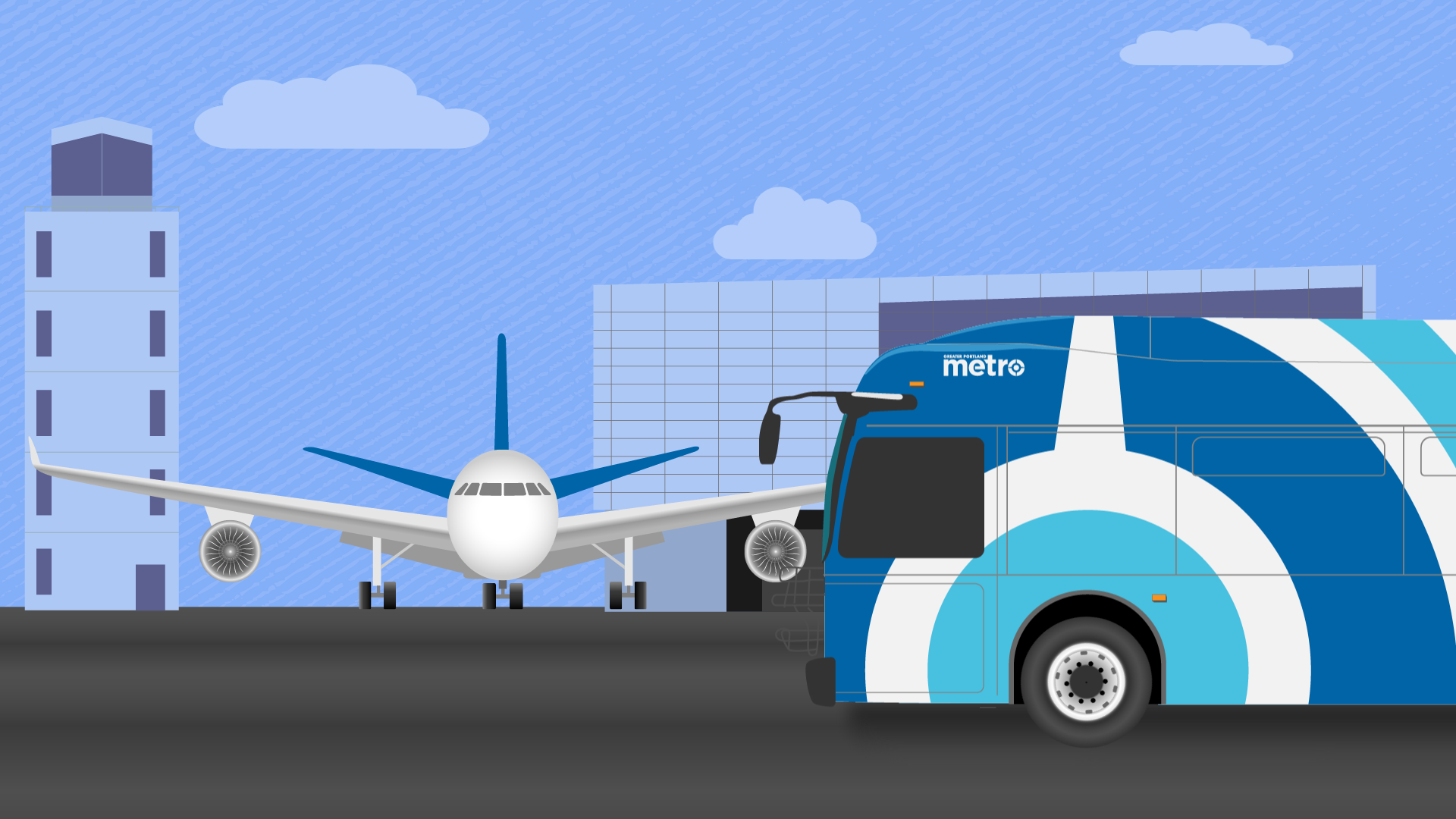 Illustration of a blue and white metro bus near a taxiing airplane at an airport with a control tower and terminal buildings in the background.