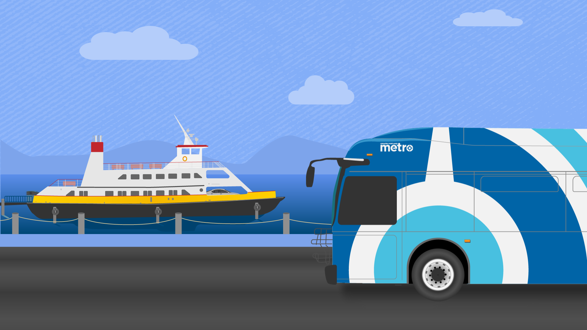 Illustration of a blue metro bus on a road next to a yellow and white ferry on the water, with blue sky and clouds in the background.