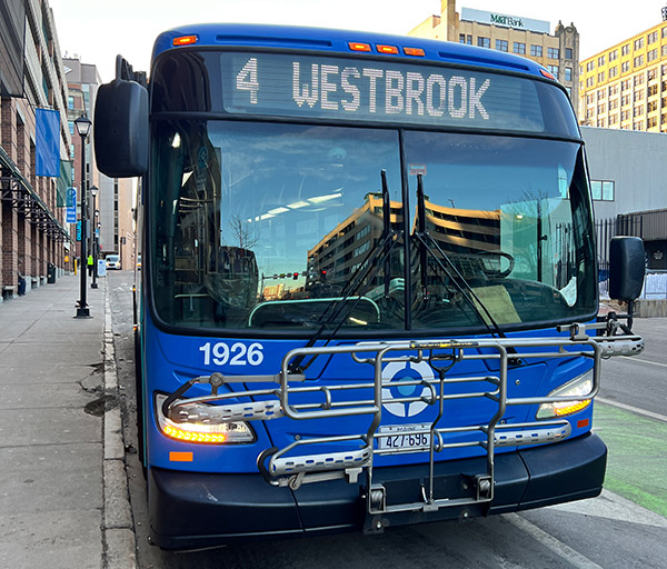 front view of bus with display sign lit up