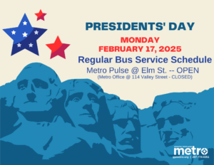 Presidents' Day 2025 notice with bus service information, an illustration of Mount Rushmore, and star graphics.